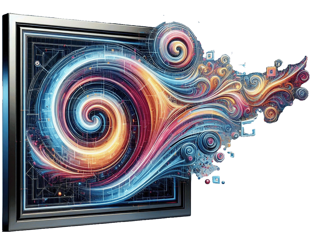Abstract artwork with a dynamic blend of geometric and organic patterns, featuring a colorful explosion of blue, orange, purple, and red swirls extending beyond a dark frame